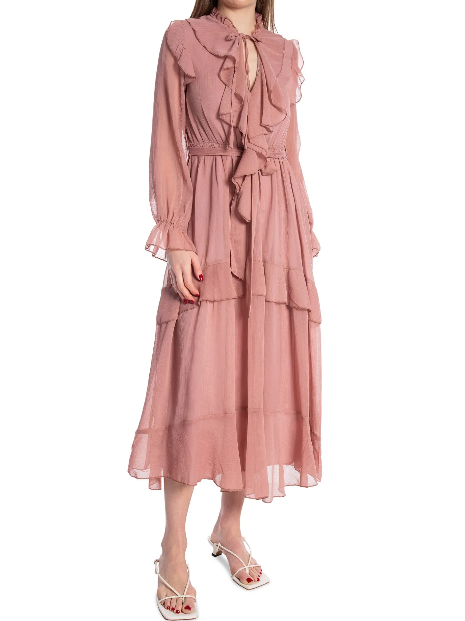 COPPEROSE DRESS LONG BELTED WITH CASCADE STEERING PINK