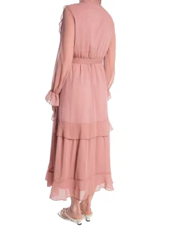 COPPEROSE DRESS LONG BELTED WITH CASCADE STEERING PINK