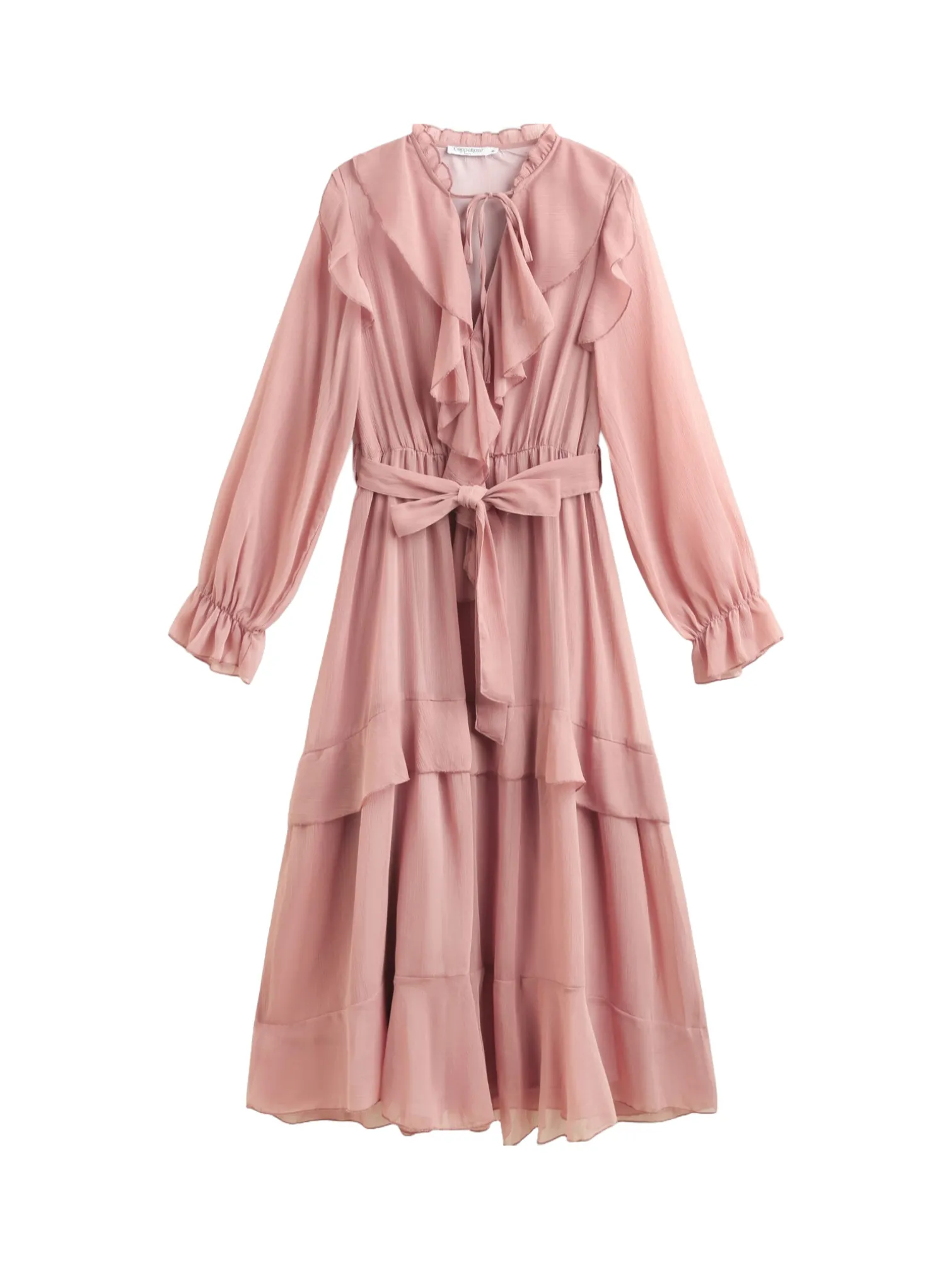 COPPEROSE DRESS LONG BELTED WITH CASCADE STEERING PINK