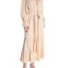 COPPEROSE DRESS LONG FLUID BELTED WITH BARE SHOULDERS BEIGE
