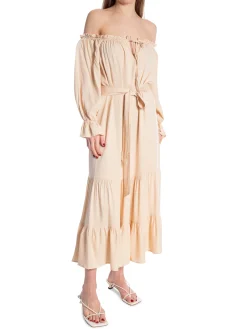 COPPEROSE DRESS LONG FLUID BELTED WITH BARE SHOULDERS BEIGE