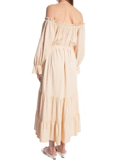 COPPEROSE DRESS LONG FLUID BELTED WITH BARE SHOULDERS BEIGE