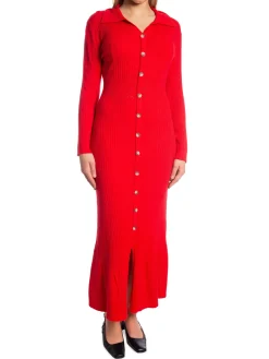 COPPEROSE DRESS LONG KNIT BUTTON RED