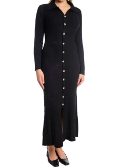 COPPEROSE DRESS LONG KNIT BUTTON BLACK