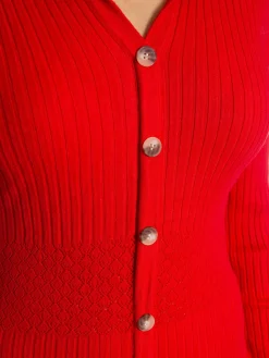COPPEROSE DRESS LONG KNIT BUTTON RED