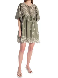 COPPEROSE DRESS SHORT WITH BALLOON SLEEVE PRINT GREEN