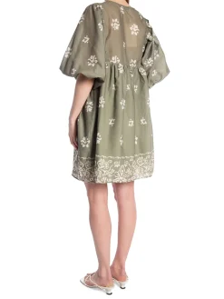 COPPEROSE DRESS SHORT WITH BALLOON SLEEVE PRINT GREEN