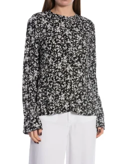 GANNI BLOUSE PRINTED CREPE O-NECK BLACK