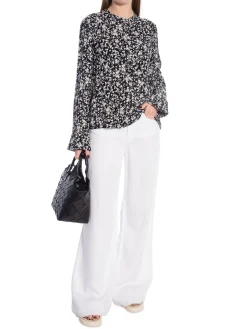 GANNI BLOUSE PRINTED CREPE O-NECK BLACK