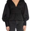 GANNI BLOUSE SMOCKED SATIN BLACK