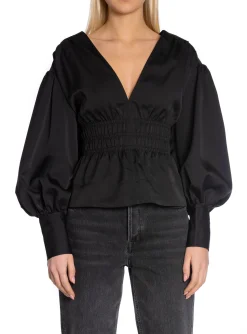 GANNI BLOUSE SMOCKED SATIN BLACK