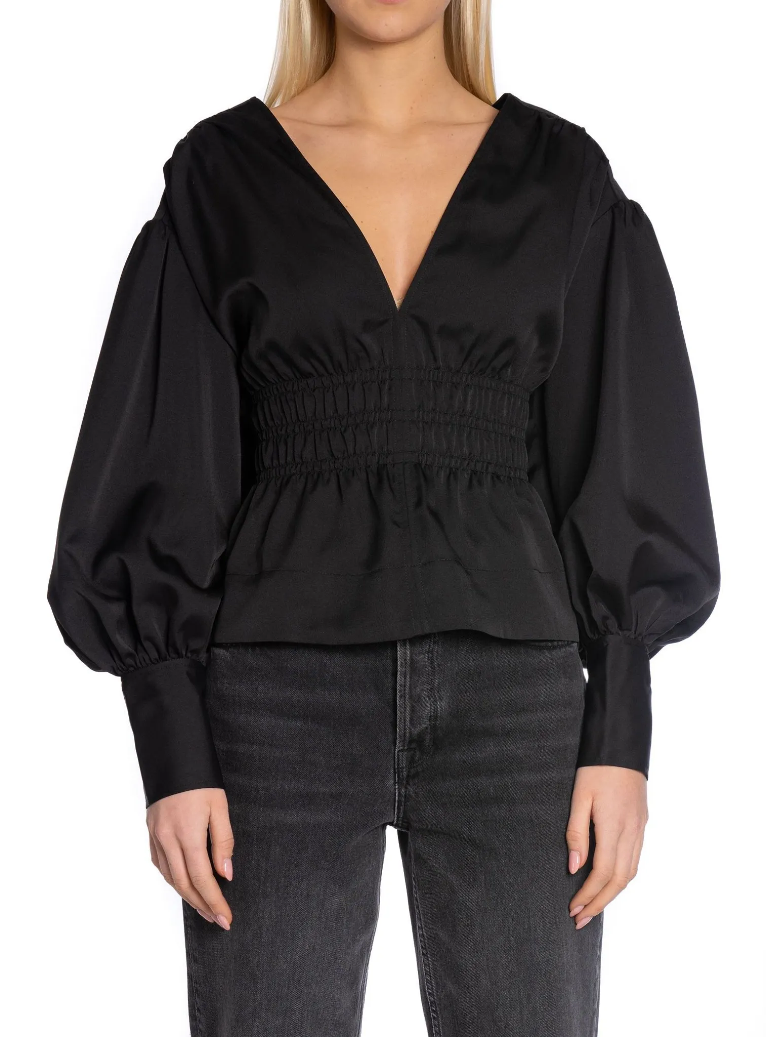 GANNI BLOUSE SMOCKED SATIN BLACK