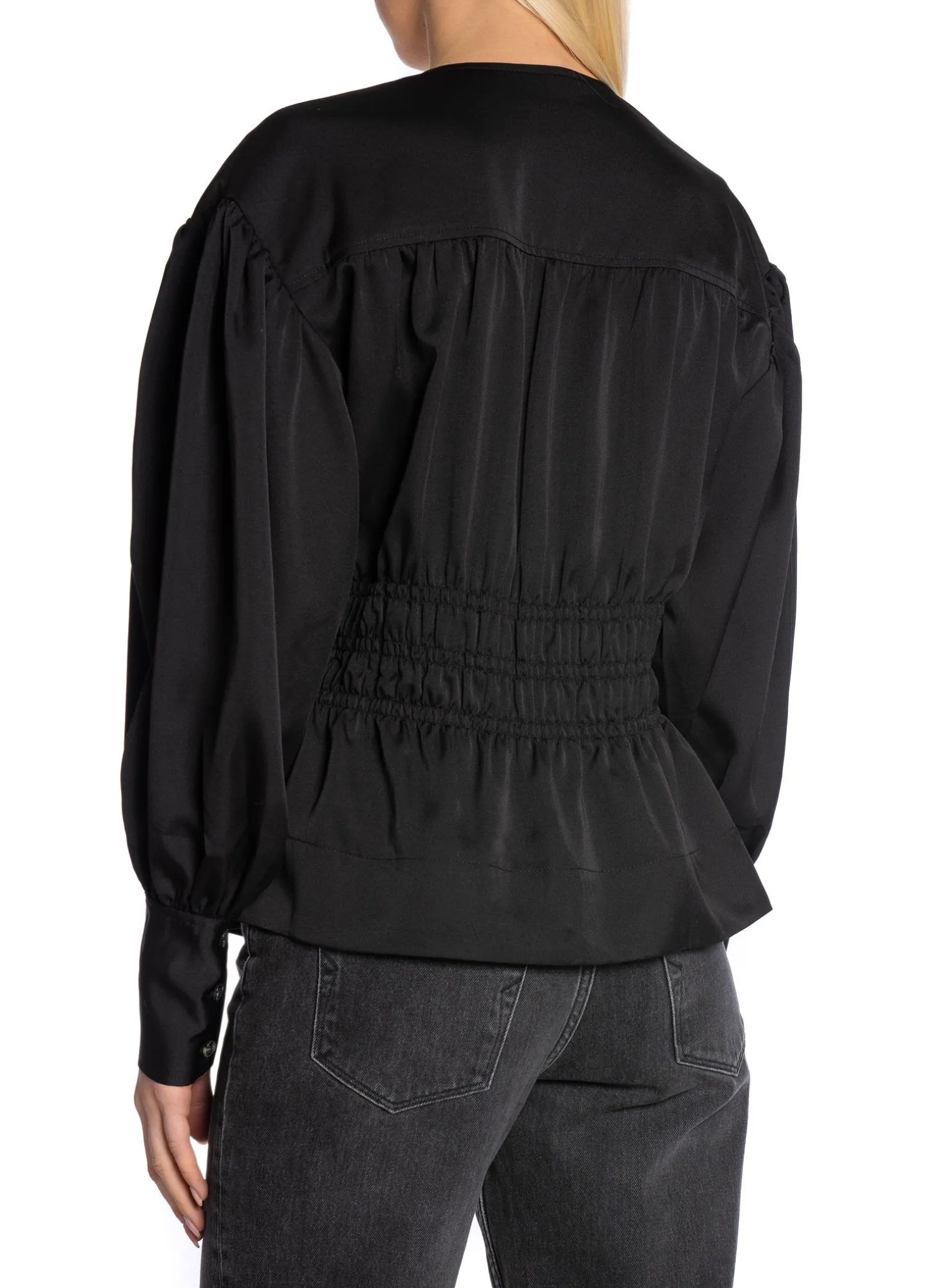 GANNI BLOUSE SMOCKED SATIN BLACK