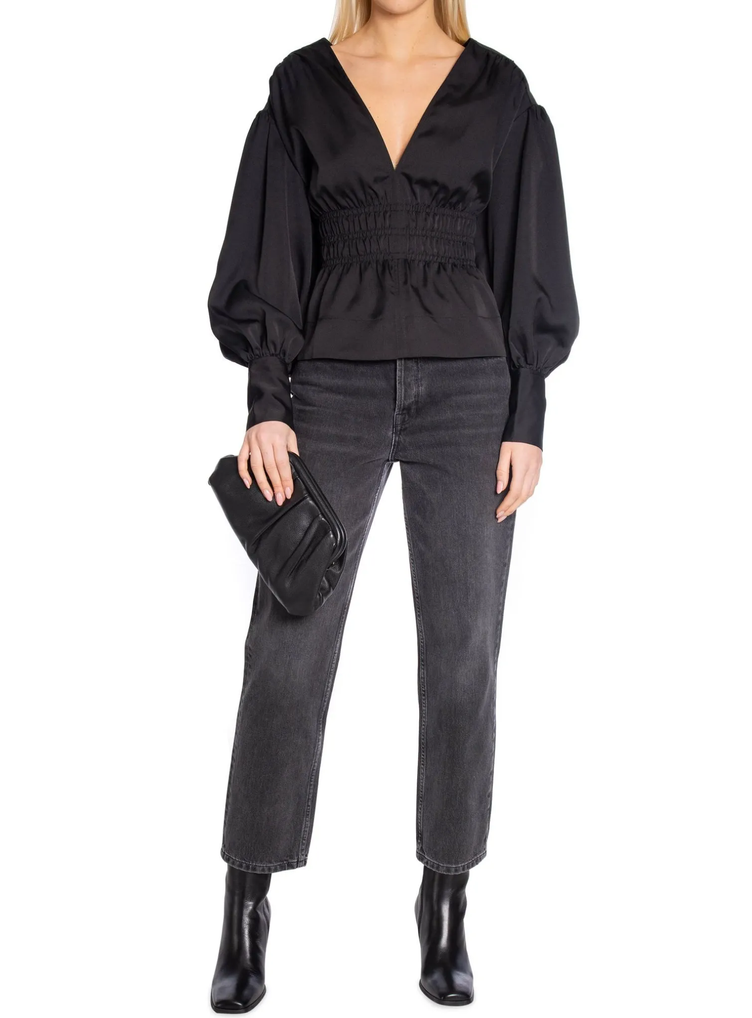 GANNI BLOUSE SMOCKED SATIN BLACK