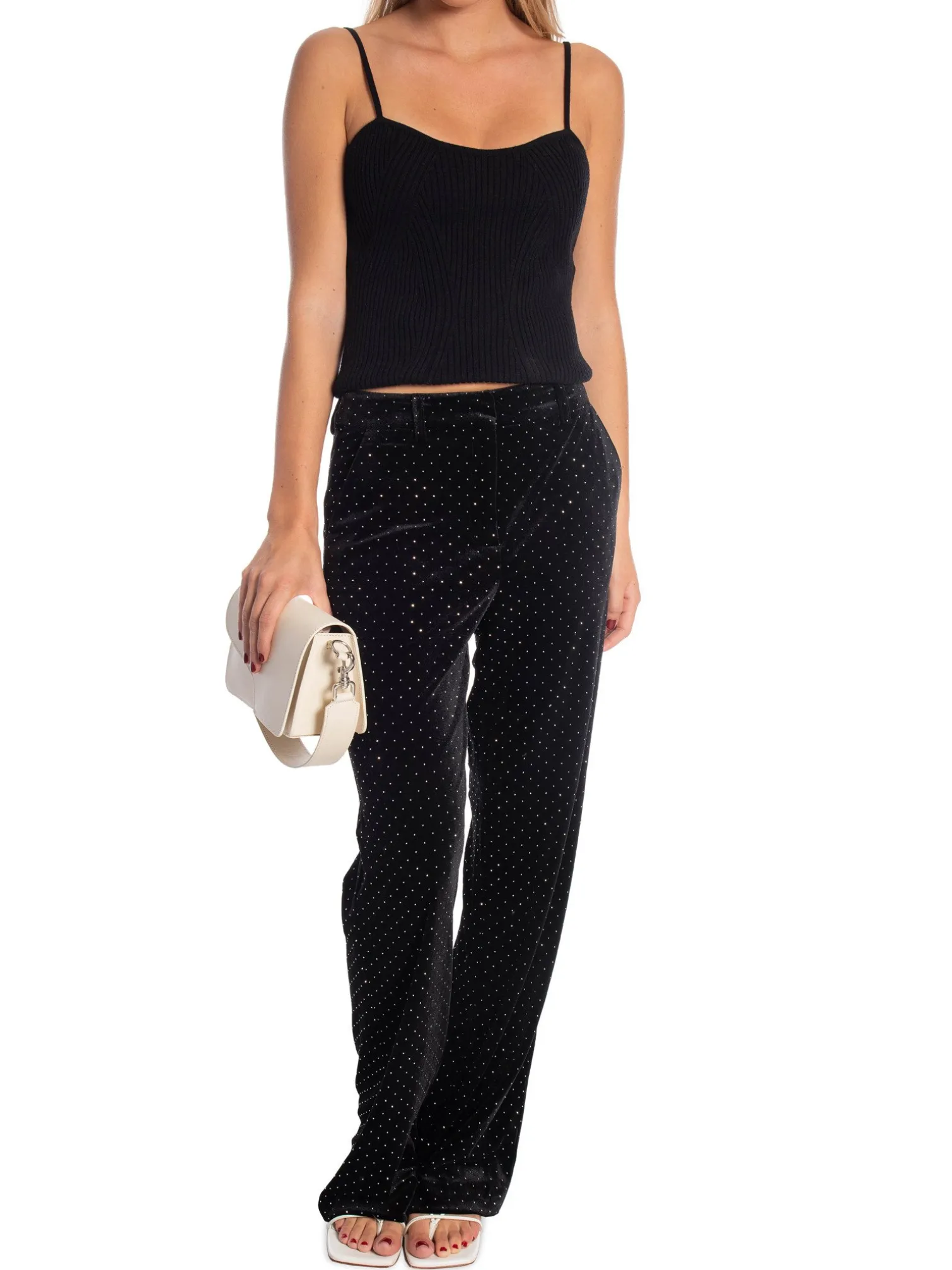 YAS PANTS YASHELLA HW VELOUR BLACK/RHINESTONE