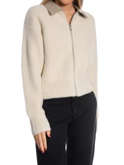 YAYA CARDIGAN FURRY WITH LEATHER COLLAR OFF WHITE MELANGE