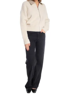 YAYA CARDIGAN FURRY WITH LEATHER COLLAR OFF WHITE MELANGE